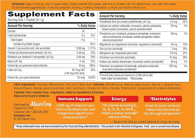 Emergen-C 1000mg Vitamin C Powder for Daily Immune Support Caffeine Free Vitamin C Supplements with Zinc and Manganese, B Vitamins and Electrolytes, Super Orange Flavor - 90 Count/3 Month Supply