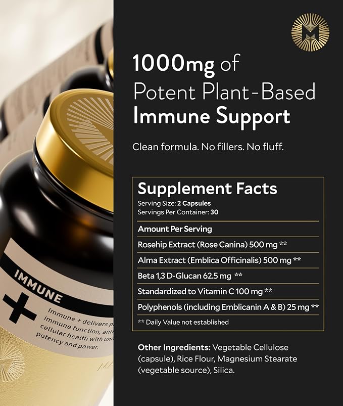 Manna Immune+ Capsules | 500mg Amla Extract & 500mg Rosehip Extract | Vitamin C Supplement for Immune Boost, Antioxidants, Heart Health, Digestion & Immune System Support | For Daily Use | 60 Count
