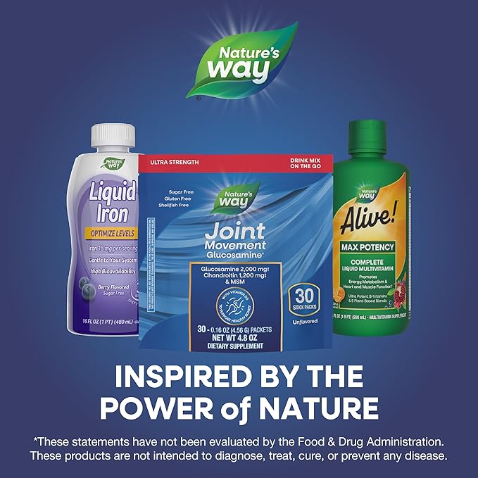Nature's Way Joint Movement Glucosamine Drink Mix, Ultra Strength Glucosamine, MSM, Hyaluronic Acid, Vitamin D3, Supports Bones, Muscles, Cartilage*, No Sugar, Joint Support*, 30 Unflavored Packets