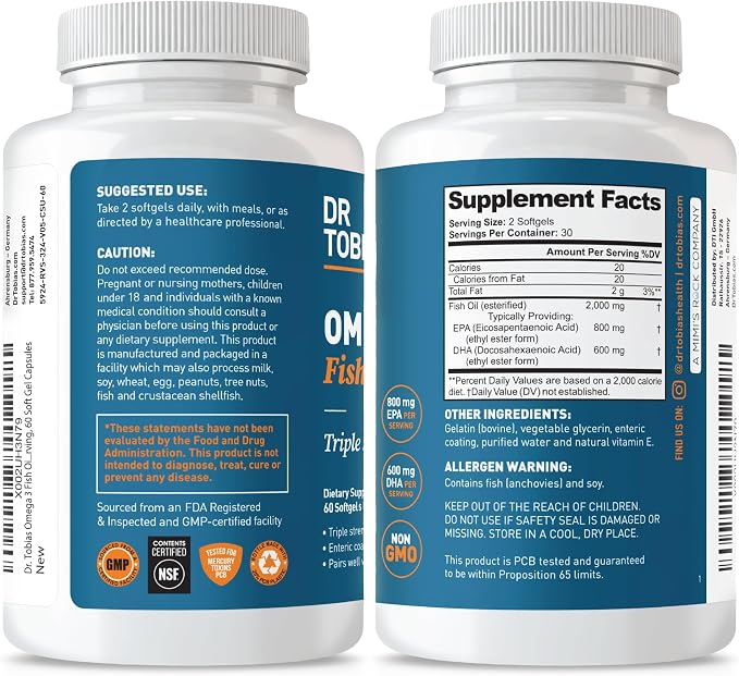 Dr. Tobias Omega 3 Fish Oil 2000mg Triple Strength with 800mg EPA 600mg DHA Per Serving | Fish Oil Omega 3 Supplements for Heart Brain & Immune Support - 60 Softgels (30 Servings)