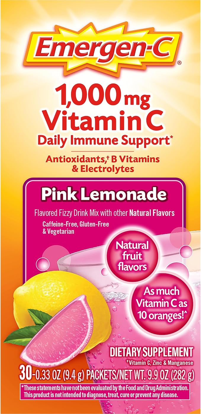 Emergen-C 1000mg Vitamin C Immune Support Powder Pink Lemonade 30CT includes Zinc, Manganese, 7 B Vitamins and Electrolytes for Back to School Essentials