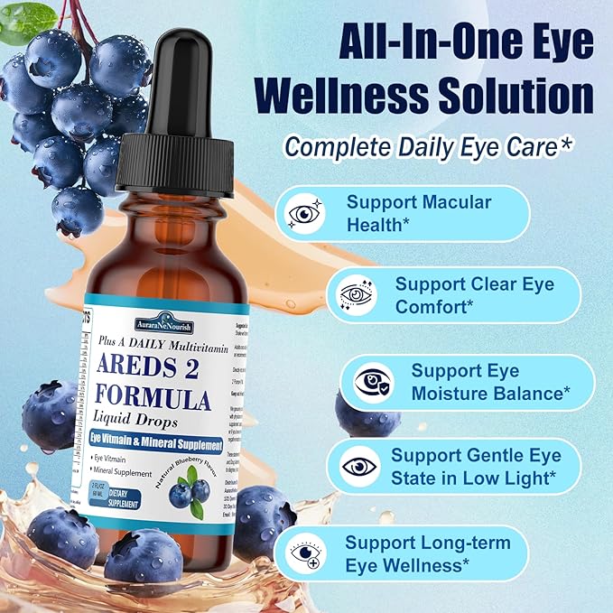AREDS 2 + Formula Liquid Drops for Macular Health, 22-in-1 Eye Vitamin & Mineral Supplement w. Lutein and Zeaxanthin, Copper, Zinc, Vitamin C, E | Support Vision, Immune & Vitality | Vegan, Non-GMO