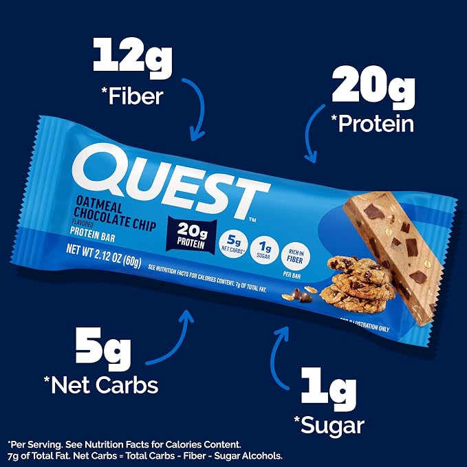 Quest Nutrition Oatmeal Chocolate Chip Protein Bars, 20g Protein, 1g Sugar, 5g Net Carb, Gluten Free, Keto Friendly, 12 Count
