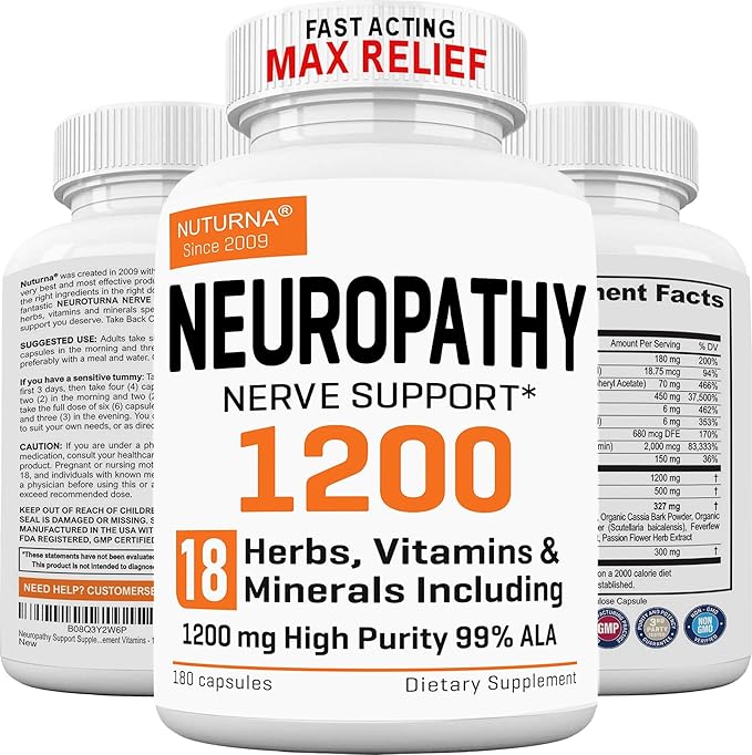 Neuropathy Support Supplement with 1200 mg HP-99 Alpha Lipoic Acid - Max Strength ALA Nerve Formula for Feet Hands Fingers Legs - Ultra Potent 18 in 1 Natural Nerve Vitamins - 180 Capsules