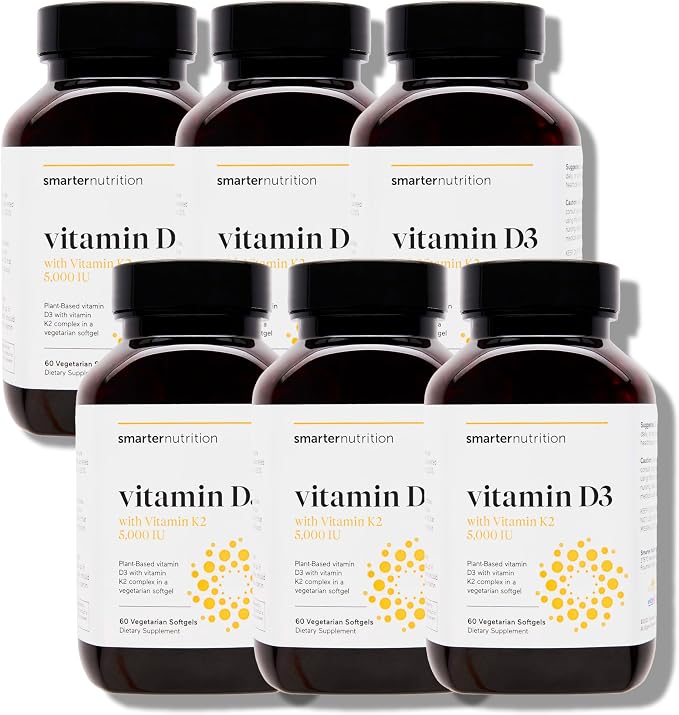 SMARTERNUTRITION Vegan Vitamin D3 5000 IU + Natural Vitamin K2 1100 mcg in Organic Coconut & Olive Oil - D3 K2 Supplement for Immune & Bone Support - 360 Softgels[180 Day Supply]