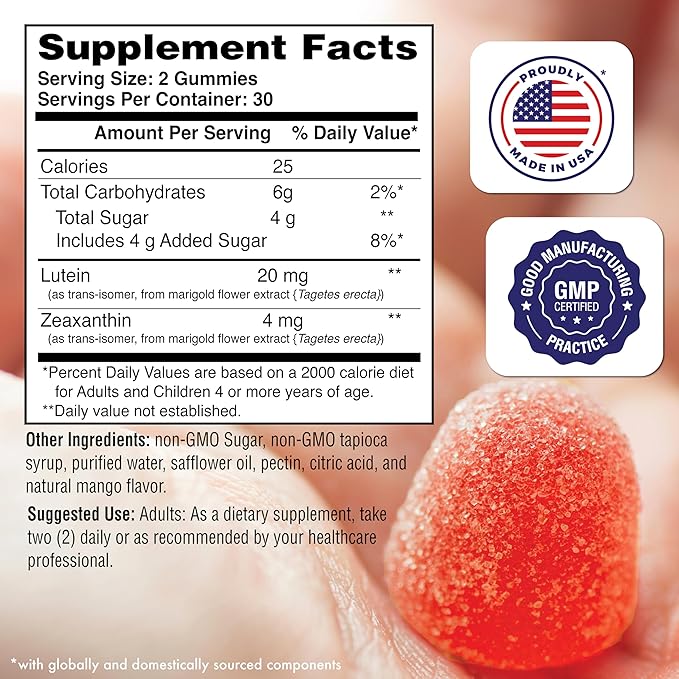 Health Thru Nutrition Lutein + Zeaxanthin Gummies | Trans-Isomer Form | 20mg Lutein & 4mg Zeaxanthin Trans-isomers | Golden Mango Flavor | Eye Support | Non-GMO, Vegan| 60 Gummies