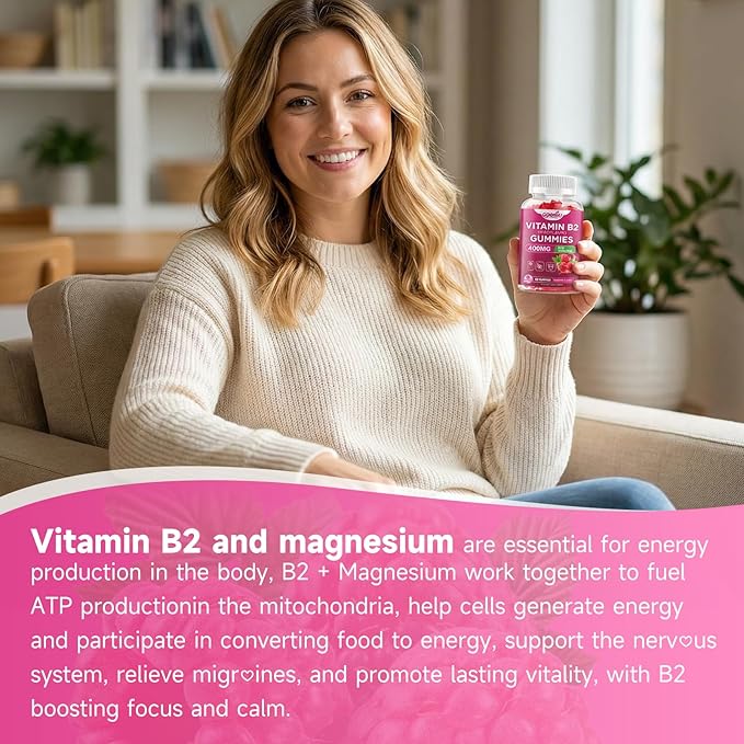 2 Pack Vitamin B2 Gummies Riboflavin 400mg Supplement with Magnesium for Kids & Adults B2 Gummies for Nervous System Support & Skin Health, Raspberry Flavor, 120 Count