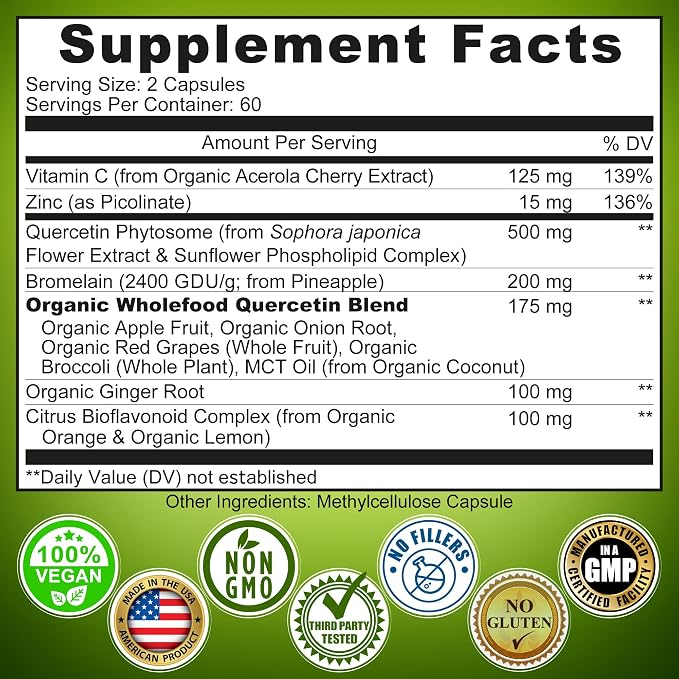 Quercetin with Bromelain Vitamin C and Zinc Enriched with Organic Whole Foods - 1215mg per Serving - Quercetin Phytosome 500mg Capsules with Ginger and Flavonoids for Immune Support - 120 count