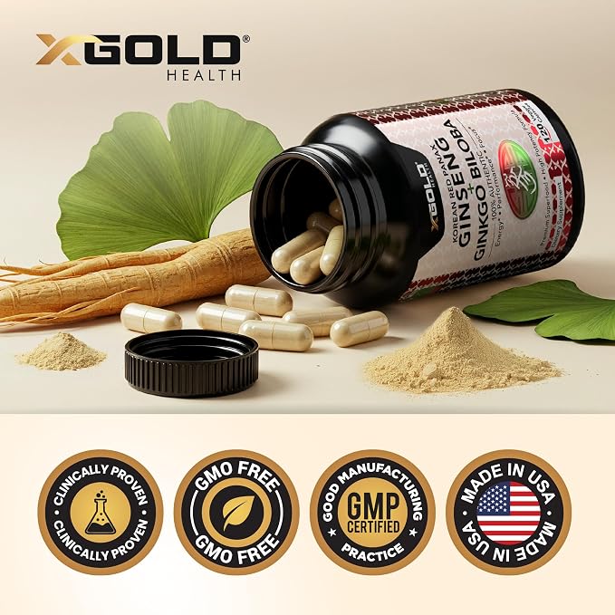 X Gold Health Korean Red Panax Ginseng + Ginkgo Biloba 7% Ginsenosides Extra Strength Energy, Memory, Focus & Brain Support Premium Supplement for Men & Women Non-GMO, 120 Vegan Capsules