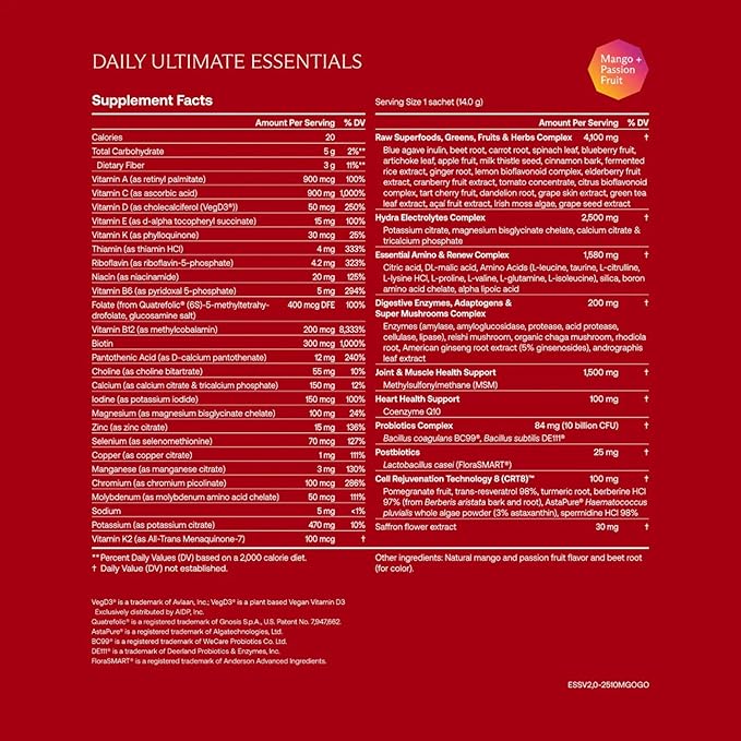 IM8 Daily Ultimate Essentials All-in-One Multivitamin Supplement, 92 Nutrient Rich Ingredients CoQ10, Probiotics, Vitamins, Greens, Gluten Free, Vegan (30 Packets, Mango & Passion Fruit)