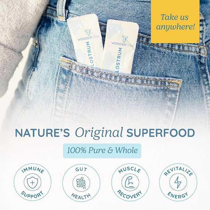WONDERCOW Colostrum Supplement Powder for Gut Health, Immune Support & Wellness | Natural IgG Pure Whole Bovine Colostrum Superfood, Unflavored, 7 Servings