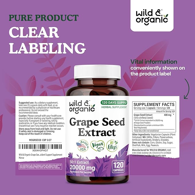 Wild & Organic Grape Seed Extract Capsules - Antioxidant Support - Grapeseed Extract 400 mg - 95% Polyphenols - 120 Vegan Capsules - 4 Month Supply - Non-GMO