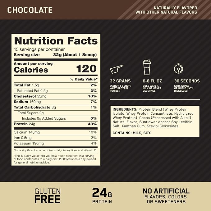 Optimum Nutrition Gold Standard 100% Whey Protein Powder, Naturally Flavored Chocolate, 15 Servings (Packaging May Vary)