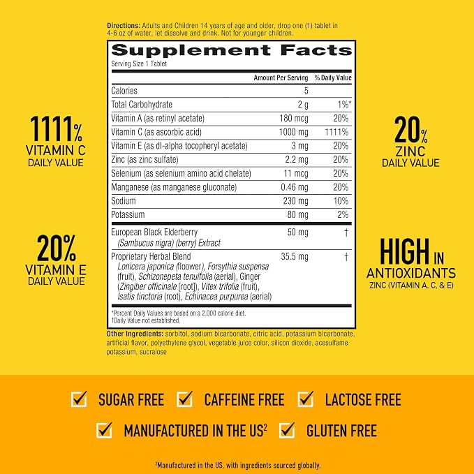 Airborne Elderberry + Zinc & Vitamin C Effervescent Tablets, Immune Support Supplement with Powerful Antioxidant Vitamins A C E, 20 Fizzy Drink Tablets, Elderberry Flavor