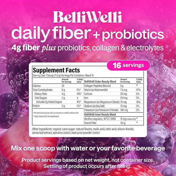 Belli Welli Fiber Supplement for Women & Men – Premium Daily Fiber Powder from Organic Acacia with Added Collagen, Electrolytes & Probiotics – No Bloat, Constipation & Gut Health Support (Wild Berry)