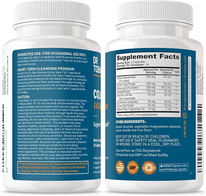 Dr. Tobias Colon Cleanse - Constipation Relief & Gut Health Support for Women & Men | 14 Day Colon Cleanser for a Gentle Colon Detox & Gut Flush - 28 Capsules (1-2 Daily)