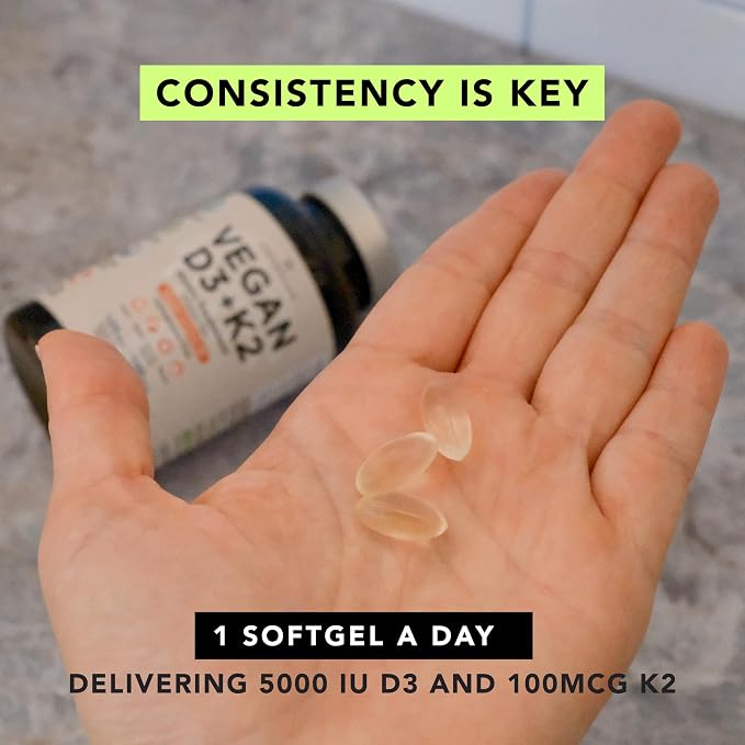 AMANDEAN Vitamin D3 K2. Vegan & Plant-Based 5000iu VIT D from Algae. All-Trans MK-7 K2Vital. 120 Softgels. Carrageenan Free. Organic Coconut Oil Blend. for Mood, Bones, Heart, Immune Health.