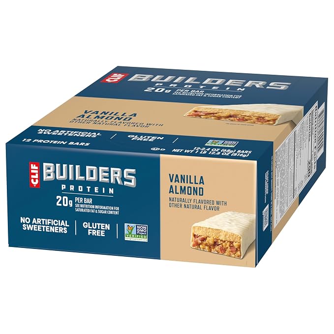 CLIF BUILDERS Protein Bars - Vanilla Almond Flavor - 20g Plant Based Protein - Gluten Free - Non-GMO - Low Glycemic - No Artificial Sweeteners - 2.4 oz. (Pack of 144)