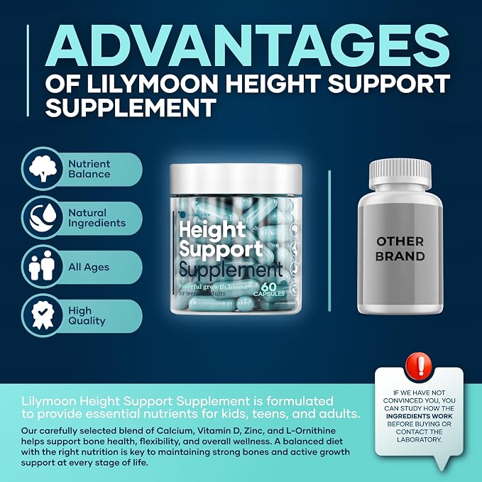 Height & Bone Support Supplement - Premium Height Growth Supplement for Kids & Teens with Calcium - Nutritional Support Bone Health Formula - Height Increase Essential Vitamins - 60 Caps