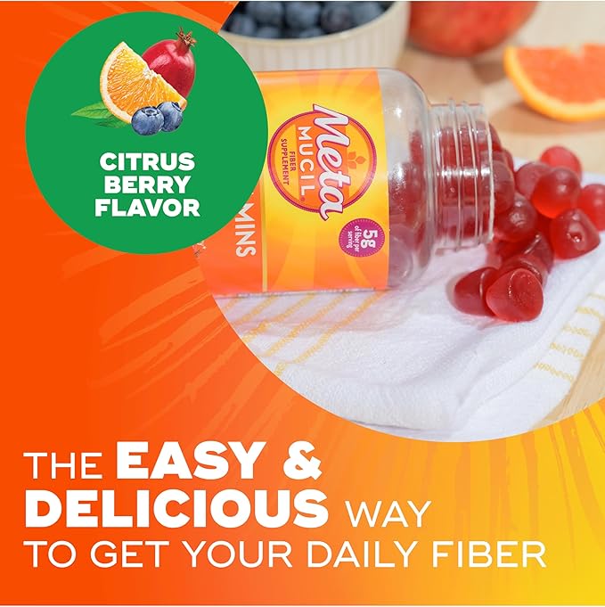 Metamucil Fiber Gummies for Adults with Vitamins C,D,B12 for Metabolism,No Sugar Added Citrus Berry Flavor,5g Plant Based Prebiotic Fiber Supplement Blend,120 Count (Pack of 2)
