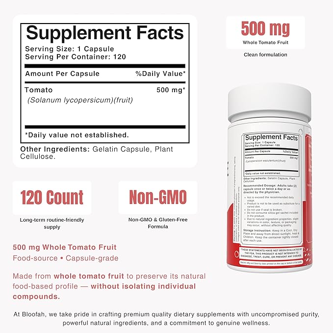 Lycopene Supplement Capsules 500mg – Tomato Fruit Powder with Natural Lycopene for Antioxidant & Daily Wellness Support | Gluten Free, Non-GMO (120 Count (Pack of 1))
