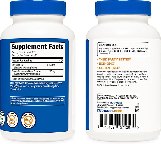 Nutricost Berberine HCl with Ceylon Cinnamon Capsules (120 Capsules, 60 Servings) - Non-GMO, Animal-Free Product