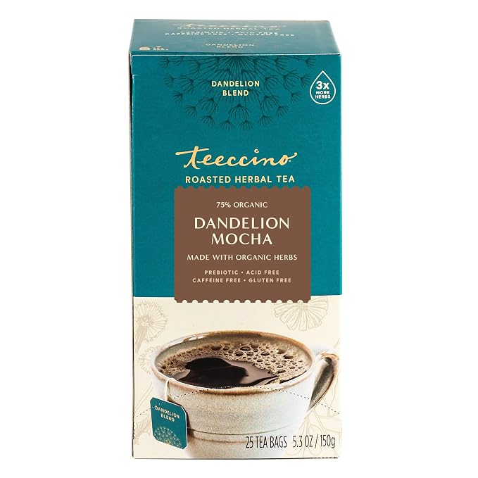 Teeccino Dandelion Mocha Tea - 25 Tea Bags - Caffeine-Free, Roasted Herbal Tea with Prebiotics, 3x More Herbs than Regular Tea Bags - Gluten-Free, Acid-Free Coffee Alternative, (Pack of 3)