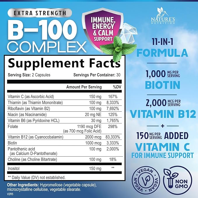 B Complex Vitamins Capsules - Super Complete B-100 Complex with Vitamin B12 B6 C Biotin Folate & Folic Acid for Immune & Energy Support - Supplement for Heart, Brain, & Nerve Support - 60 Capsules