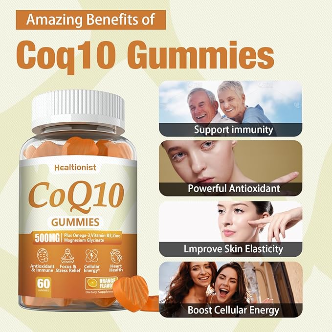 1 Pack 500MG Coq10 Gummies - 3X Better Absorption, Plus Omega-3, Magnesium, Vitamin B3 & Zinc - Coenzyme Q10 Supplements for Heart Health, Cellular Energy & Antioxidant, Vegan, 60 Counts