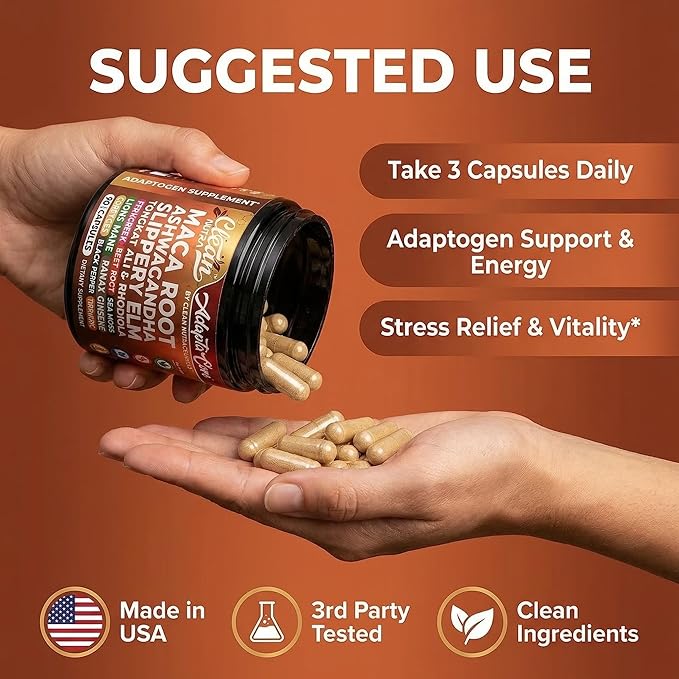 Clean Nutra Organic Maca Root Capsules for Women + Ashwagandha Slippery Elm Tongkat Ali Rhodiola Rosea Fenugreek Beet Root Sea Moss Ginseng Black Yellow Red Maca Powder Supplement 90 Pills