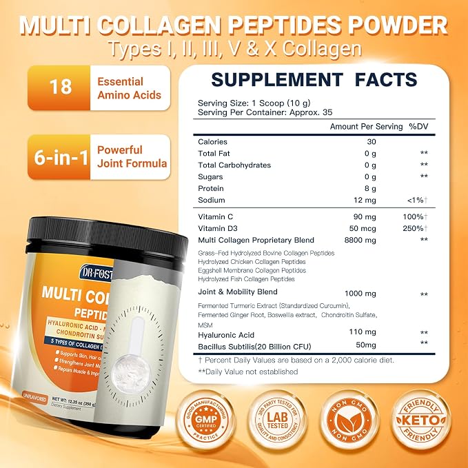DRFOSTER Multi Collagen Peptides Powder for Women with MSM + CS & D3 - Type I, II, III, V, X Hydrolyzed Collagen with Vitamin C & Hyaluronic Acid for Skin Hair Nails & Joint, Non-GMO, 35 Servings