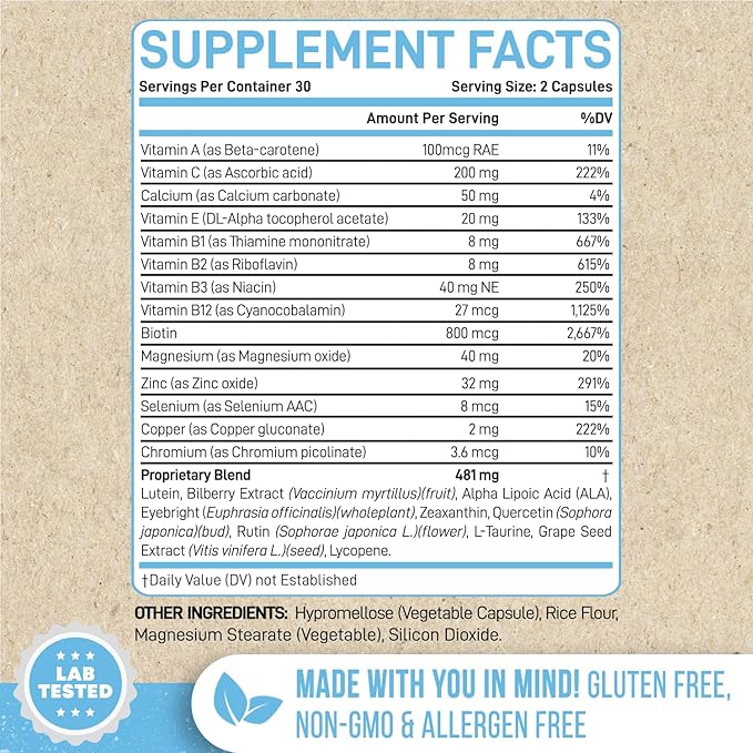 Lutein and Zeaxanthin Eye Health Supplement | Vision Support with Antioxidants, Zinc, Vitamin C & E | Helps Reduce Eye Strain, Support Macular Health & Clarity | 60 Capsules | Made in USA
