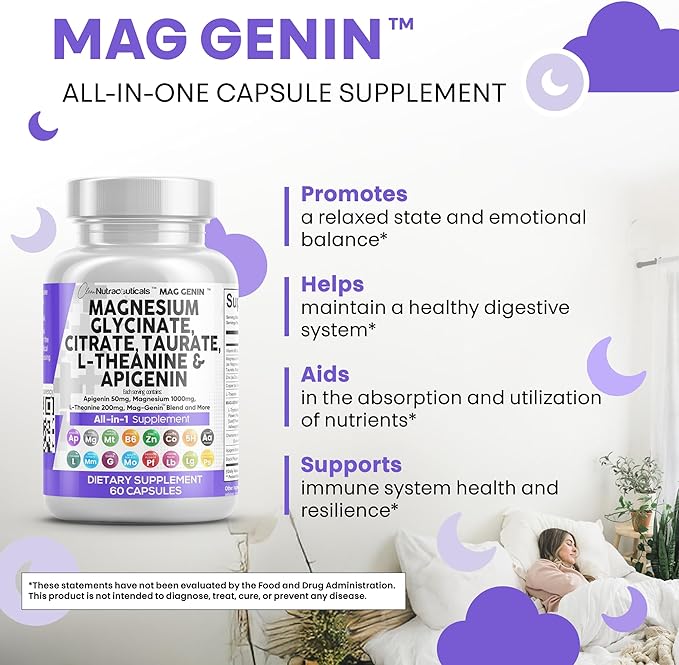 Clean Nutraceuticals Magnesium Glycinate Complex 1000mg with L-Theanine 200mg Apigenin 50mg Citrate Taurate Supplement (60 Count (Pack of 2))