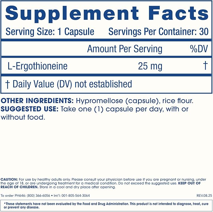 ProHealth Ergothioneine 5X Strength. 25mg Clinical Research Dose. Natural Amino Acid Mushroom Supplement for Improved Cognition, Heart Health. Essential Longevity Vitamin. 25 mg/Serving, 30 Servings