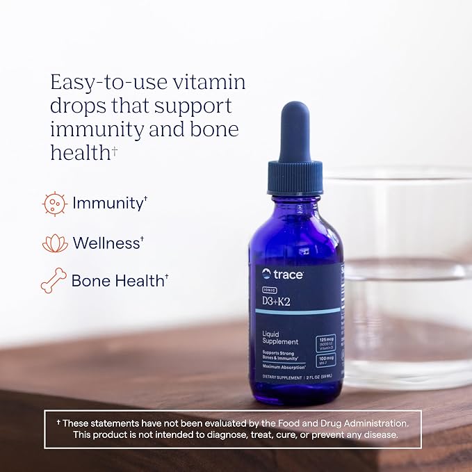 Trace Minerals | Liquid Ionic Vitamin D3 + K2 | 125 mcg (5,000 IU) D3, 100 mcg K2 | Concentrated Dietary Supplement | 2 fl oz. 296 Servings