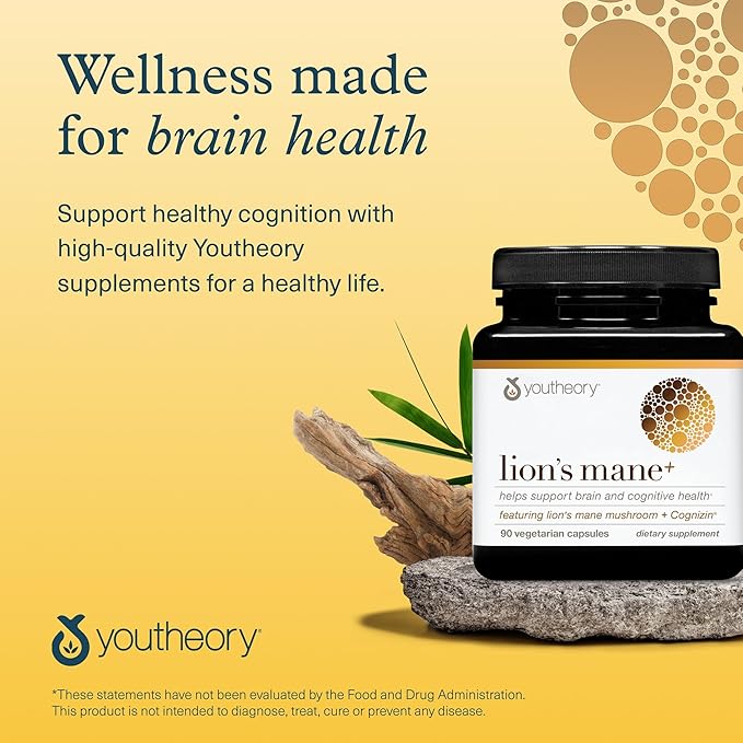 Youtheory Lion's Mane Plus - Mushroom Supplement with Cognizin - Offers Focus & Brain Support* - 60 Vegetarian Capsules