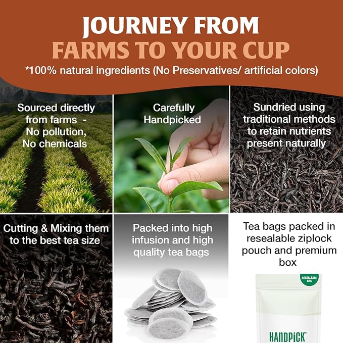 HANDPICK Masala Chai Tea Bags (100 Count) Strong Robust & Aromatic, Blended with Exotic Spices, Cinnamon, Black Pepper, Cloves & Cardamom - Premium Quality Eco-conscious Round Bags