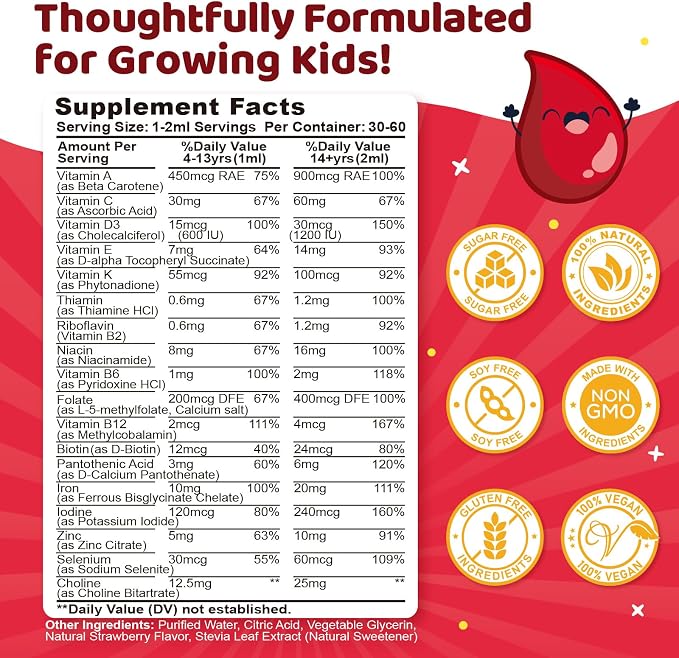 Liquid Iron Supplement for Kids, Kids Multivitamin with Iron Drops with Zinc, Vitamin B Complex, Folate - Support Blood Builder & Energy, Iron Deficiency for Women, Men, Vegan Strawberry 4 Fl Oz