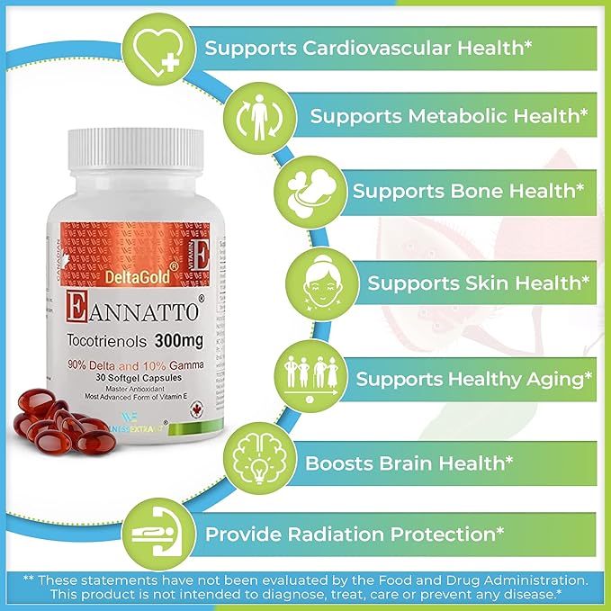 WELLNESS EXTRACT Eannatto Tocotrienols Vitamin E Supplements Tocopherol Free, Non-GMO, Gluten Free & Antioxidant (300MG 30 Softgels)
