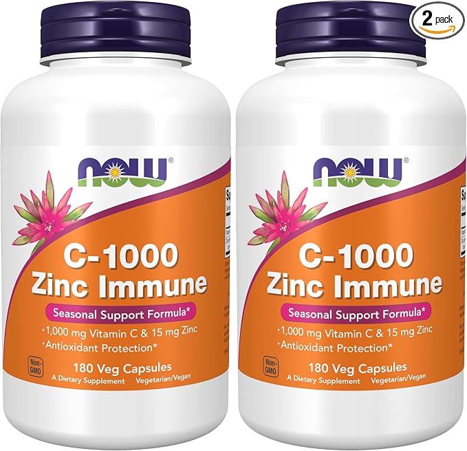 NOW Foods Supplements, C-1000 & Zinc Immune, Seasonal Support Formula*, Antioxidant Protection*, 180 Veg Capsules, (Pack of 2)