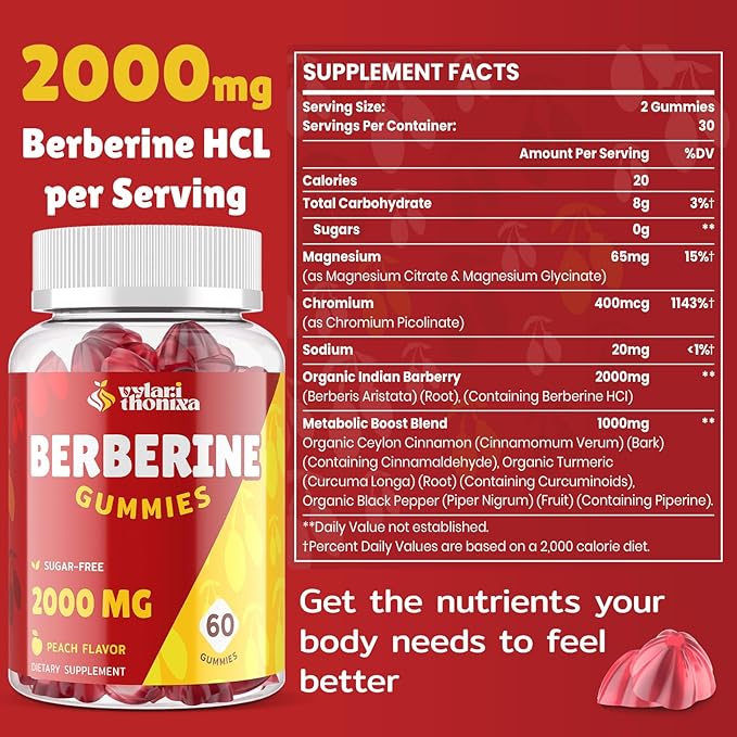 2000mg Berberine Supplement Gummies – High Potency Wellness Blend with Ceylon Cinnamon, Turmeric, Magnesium & Chromium, Vegan, Non-GMO, Gluten-Free, Peach Flavor, 60 Gummies - 1 Pack