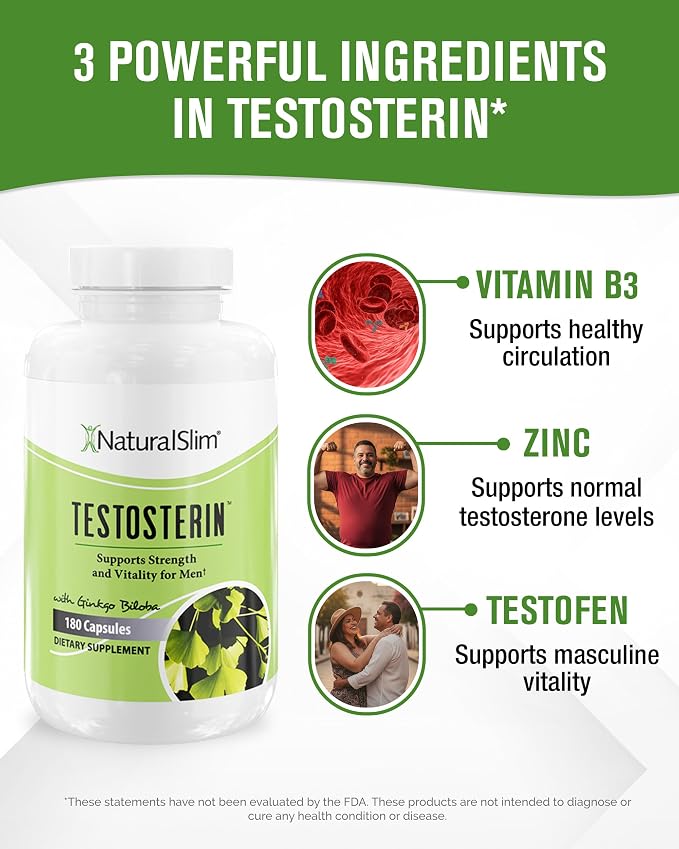 NaturalSlim Natural Testosterone Booster for Men - Male Enhancing Supplement with Ginkgo Biloba, L Arginine, Zinc, Vitamin B3, & Testofen for Energy, Muscle Builder & Metabolism - 180 Capsules