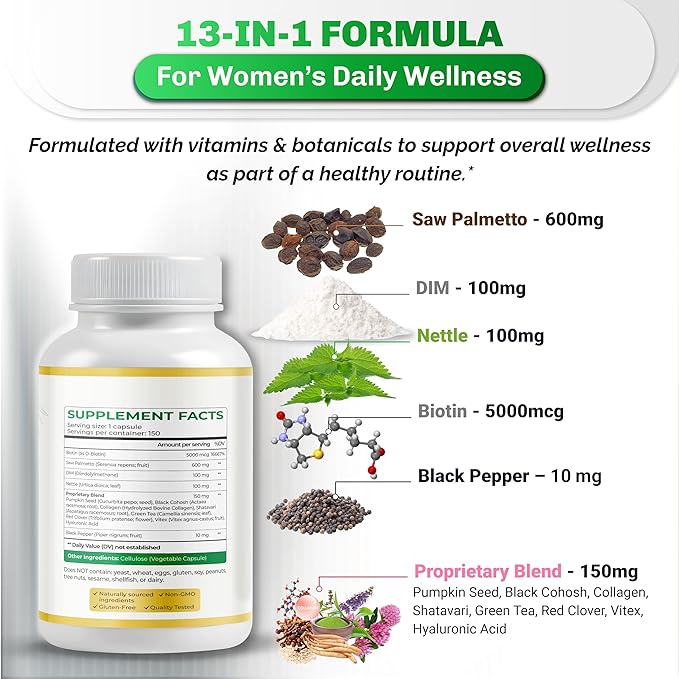 Ultra Saw Palmetto - 13-in-1 with DIM, Nettle, Pumpkin Seed, Collagen, Vitex - Max Absorption - 150 Capsules - Non-GMO, Gluten-Free, Lab Tested