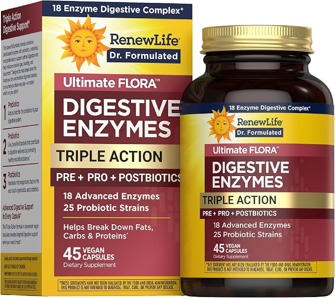 Renew Life Ultimate Flora Digestive Enzymes with Probiotics and Prebiotics | Doctor Formulated | 45 Vegan Capsules | Eases Occasional Gas, Bloating & Discomfort | Dairy, Soy and Gluten Free Supplement