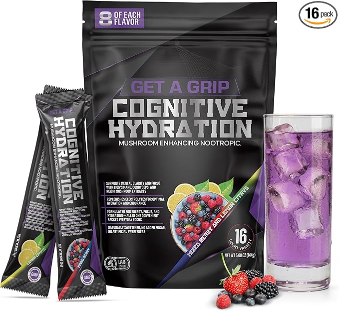 Get A Grip Electrolyte Powder Packets – Hydration & Mental Focus Support with Lion’s Mane & Cordyceps – Sugar-Free, Keto Electrolyte Drink Mix – 16 Count