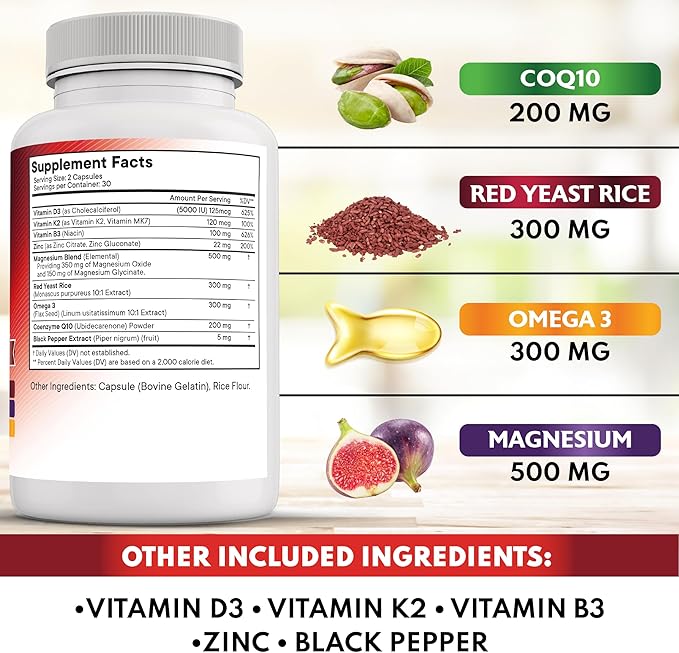 NEW AGE COQ10 200mg Red Yeast Rice Omega 3-6-9 Magnesium Complex Zinc Vitamin K2 D3 - Support Vitamins for Women and Men with Vitamin B3, Coenzyme Q10-180 Count