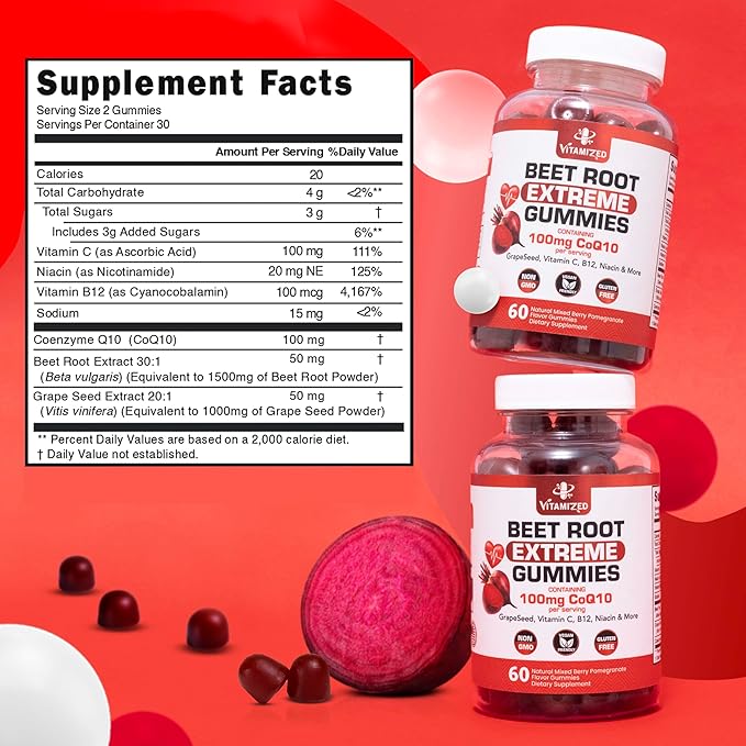 Extreme Beetroot Formula & COQ10 100mg with Grape Seed Extract, for Circulation Energy & Flow, Beet Root Gummies Extract Gluten Free 60