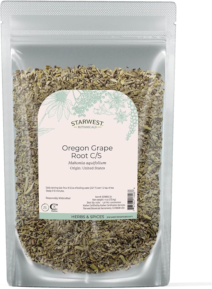 Starwest Botanicals Oregon Grape Root Wildcrafted - Dried Loose Herb for Tea & Salves, Cut & Sifted, Certified Kosher, Non-GMO - 4 oz Pouch