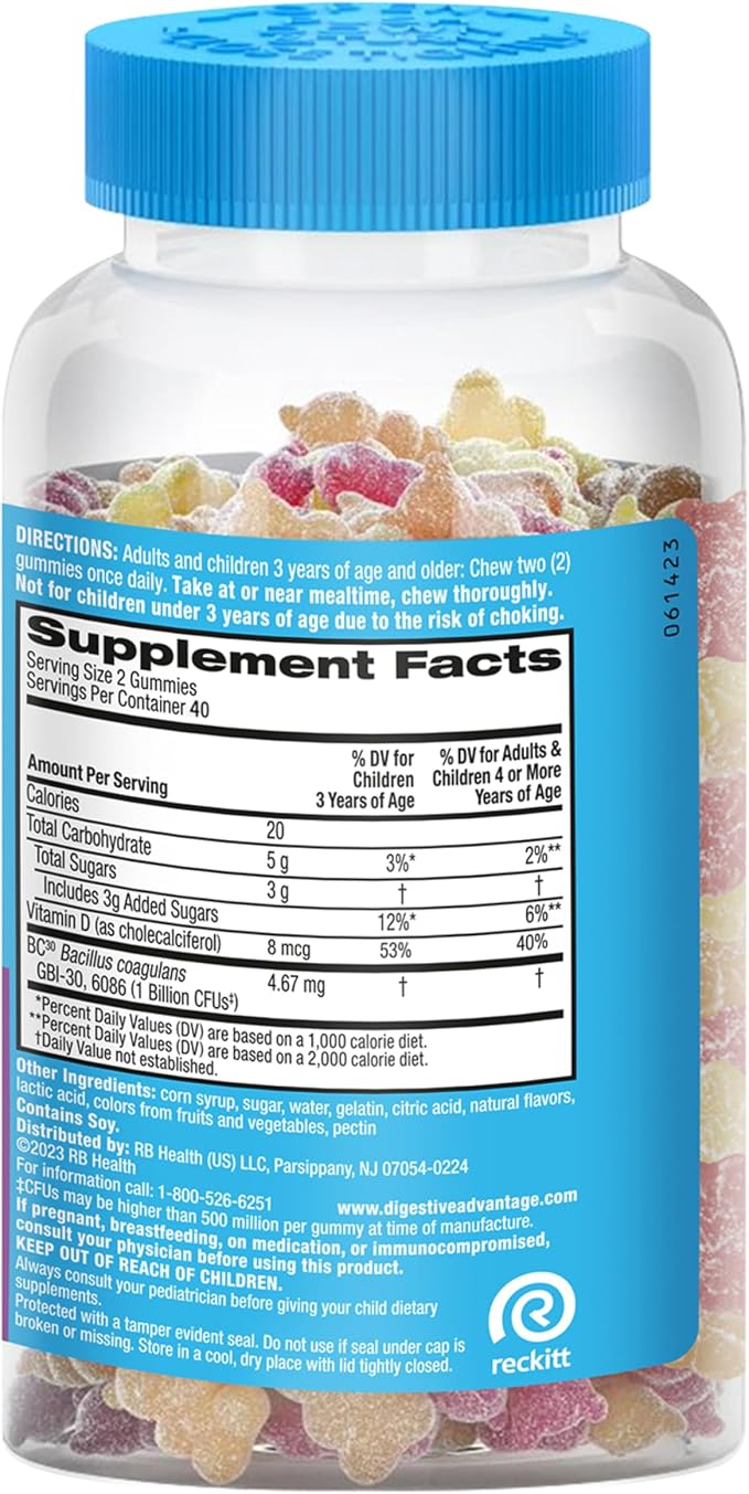 Digestive Advantage Probiotic Gummies For Digestive Health, Vitamin D, Daily Probiotics For Women &Men Occasional Bloating, Minor Abdominal Discomfort & Gut Health, 80ct Natural Fruit Flavors