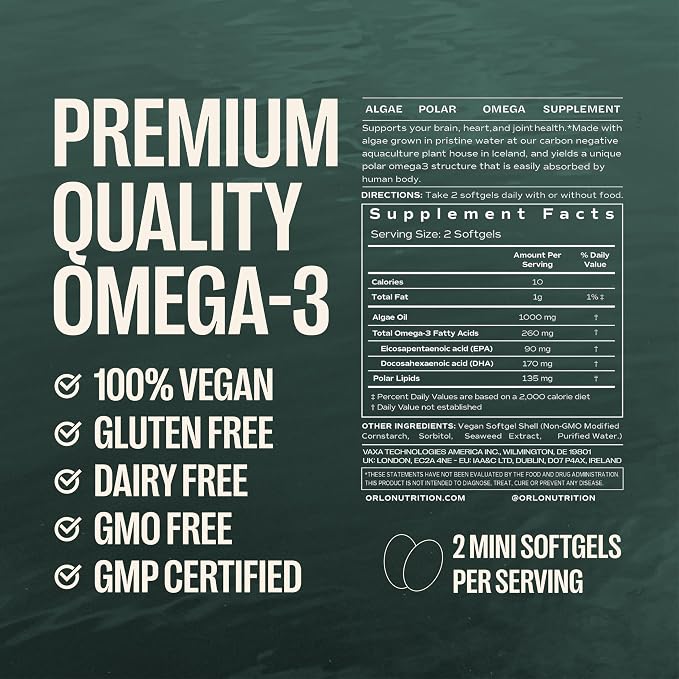 Orlo Vegan Omega 3 Algae Oil 1000mg - Natural Icelandic Nordic Omega-3 EPA & DHA Supplement - Fish Oil & Krill Alternative for Heart & Brain – 120 Easy-to-Swallow Burpless Mini Softgels